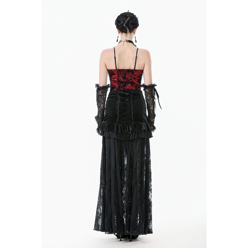 Darkinlove Women's Gothic Ruffles Velvet Sheer Lace Maxi Skirt
