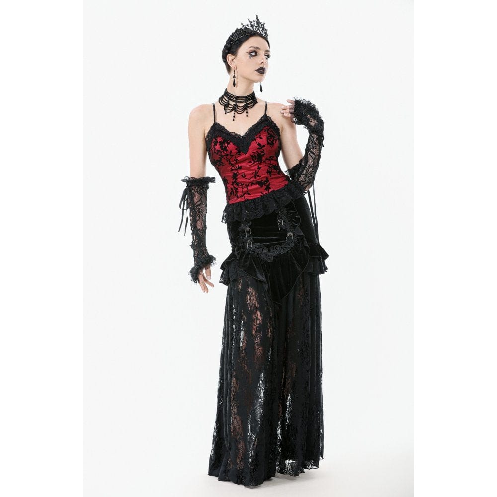 Darkinlove Women's Gothic Ruffles Velvet Sheer Lace Maxi Skirt