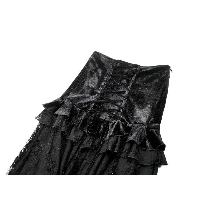 Darkinlove Women's Gothic Ruffles Velvet Sheer Lace Maxi Skirt