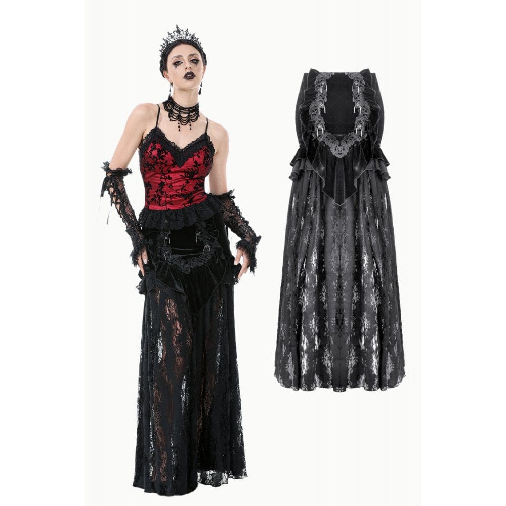Darkinlove Women's Gothic Ruffles Velvet Sheer Lace Maxi Skirt
