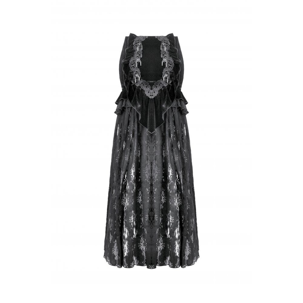 Darkinlove Women's Gothic Ruffles Velvet Sheer Lace Maxi Skirt