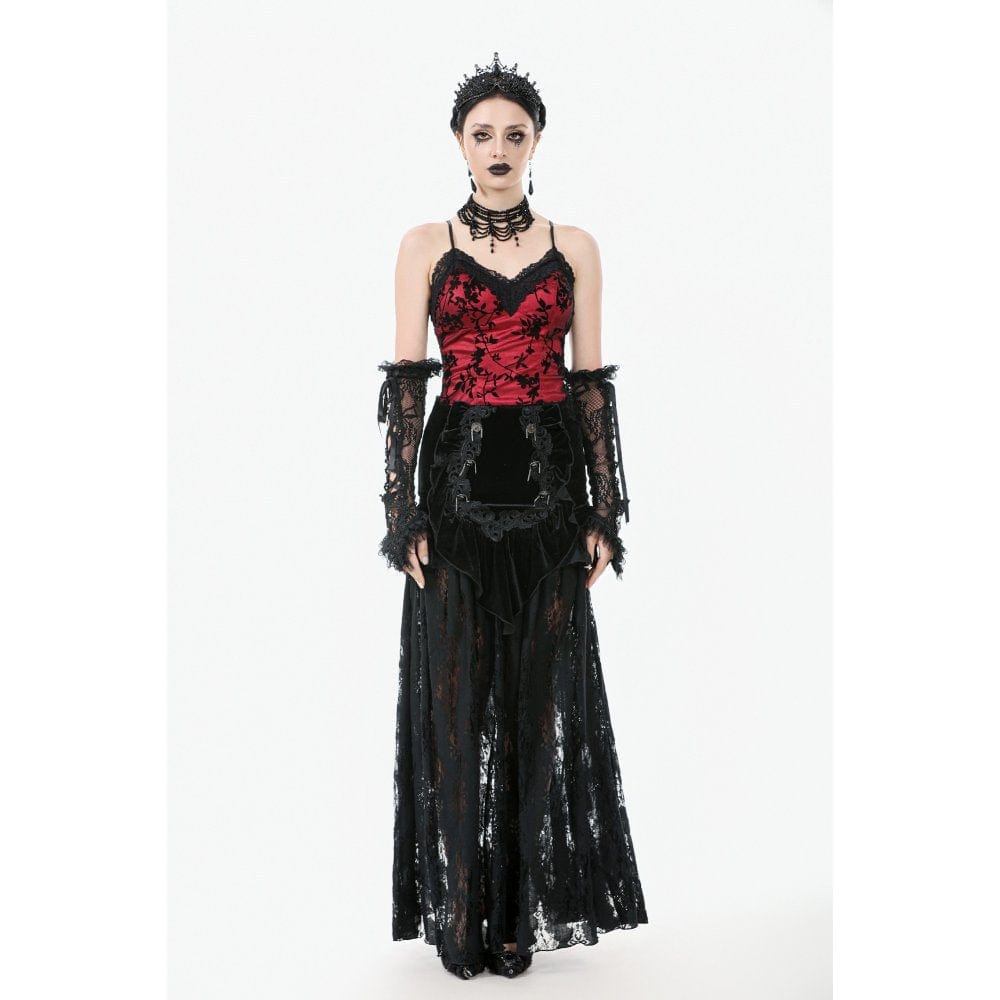 Darkinlove Women's Gothic Ruffles Velvet Sheer Lace Maxi Skirt