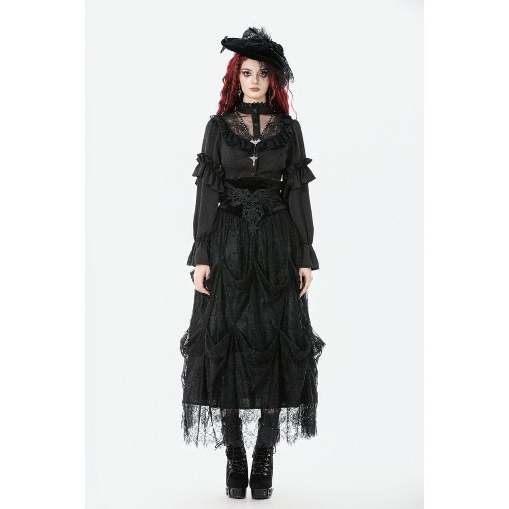 Darkinlove Women's Gothic See Through Ruffled Stand Collar Lantern Sleeved Shirt