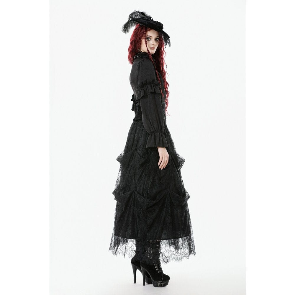 Darkinlove Women's Gothic See Through Ruffled Stand Collar Lantern Sleeved Shirt