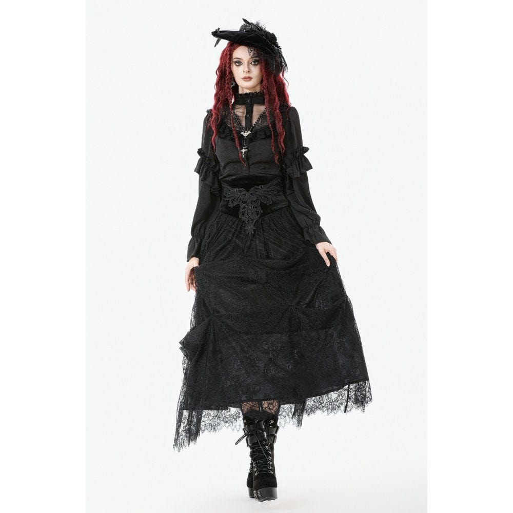 Darkinlove Women's Gothic See Through Ruffled Stand Collar Lantern Sleeved Shirt