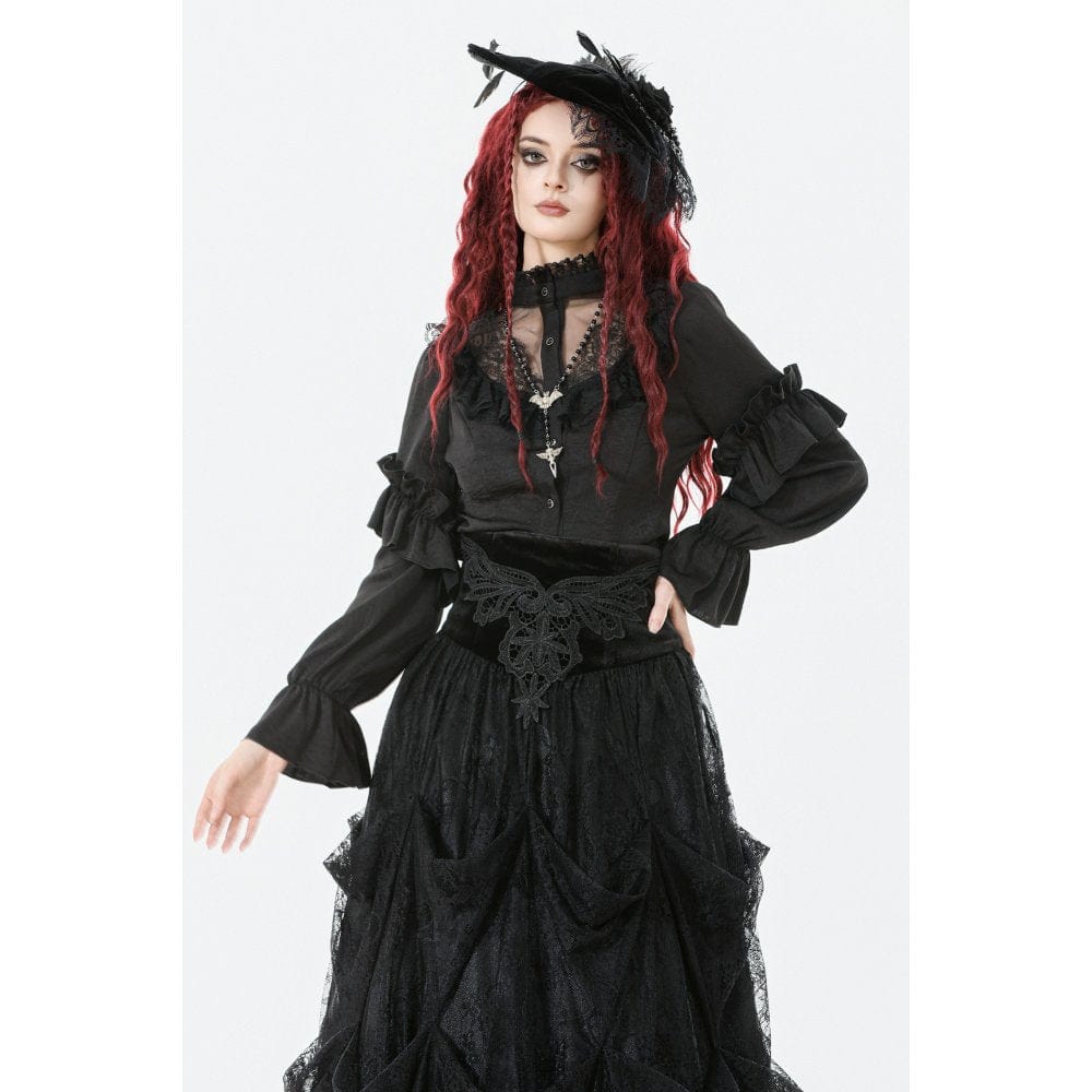 Darkinlove Women's Gothic See Through Ruffled Stand Collar Lantern Sleeved Shirt