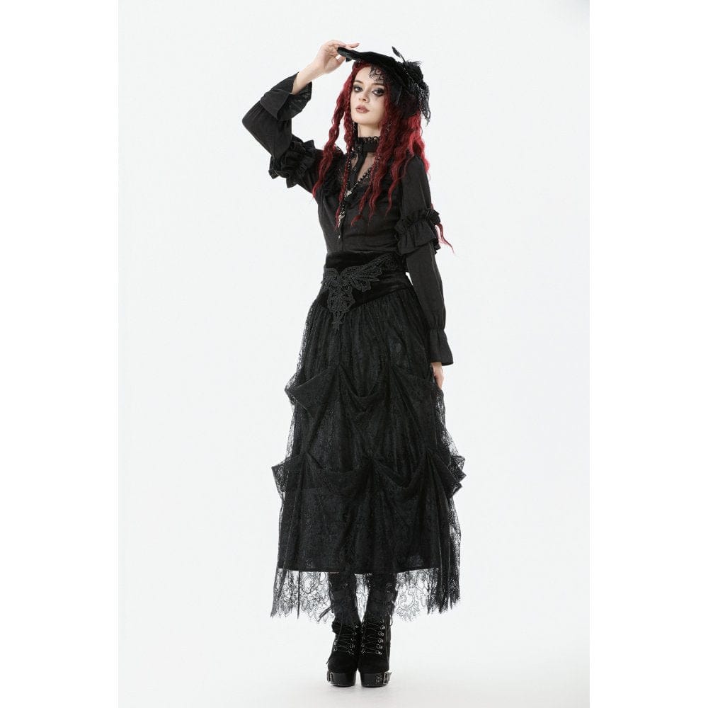 Darkinlove Women's Gothic See Through Ruffled Stand Collar Lantern Sleeved Shirt