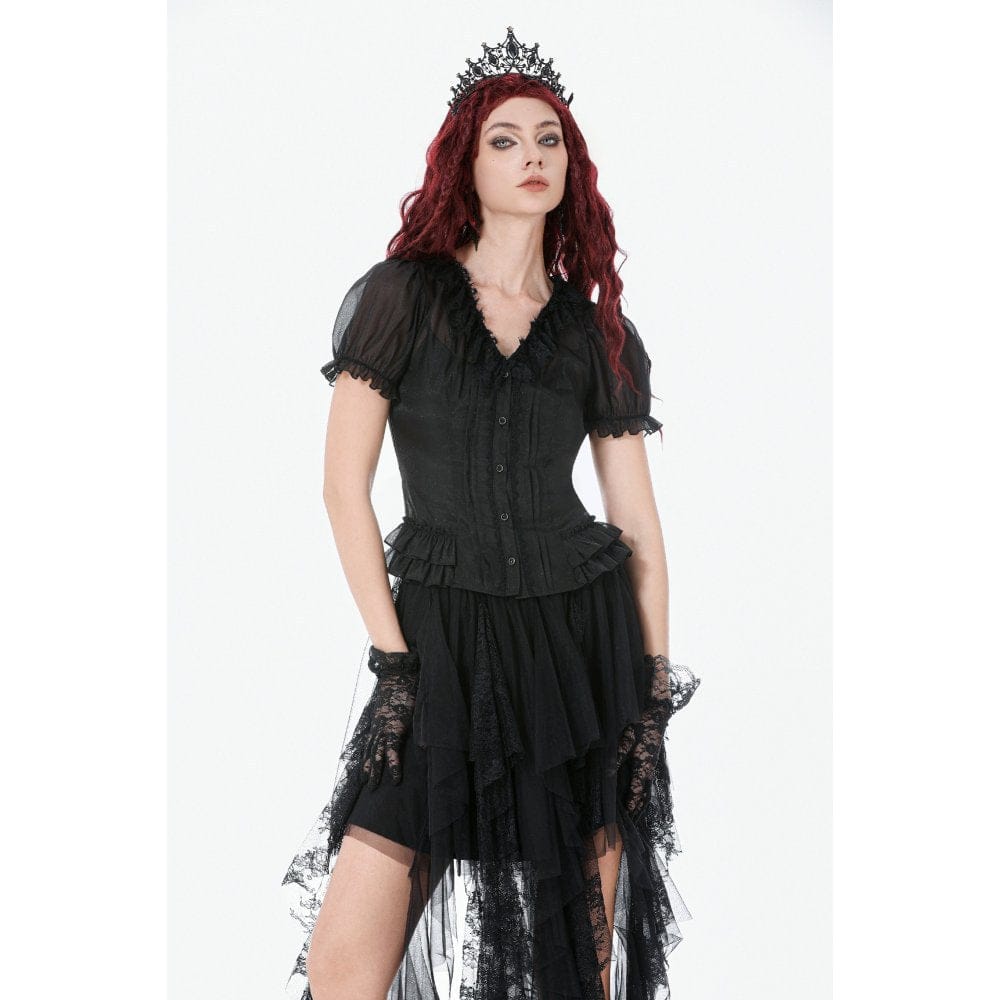 Darkinlove Women's Gothic Sheer Layered Ruffled Puff Short Sleeved Shirt