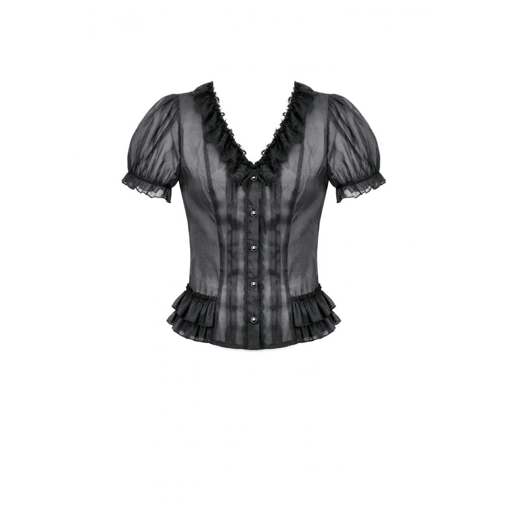 Darkinlove Women's Gothic Sheer Layered Ruffled Puff Short Sleeved Shirt