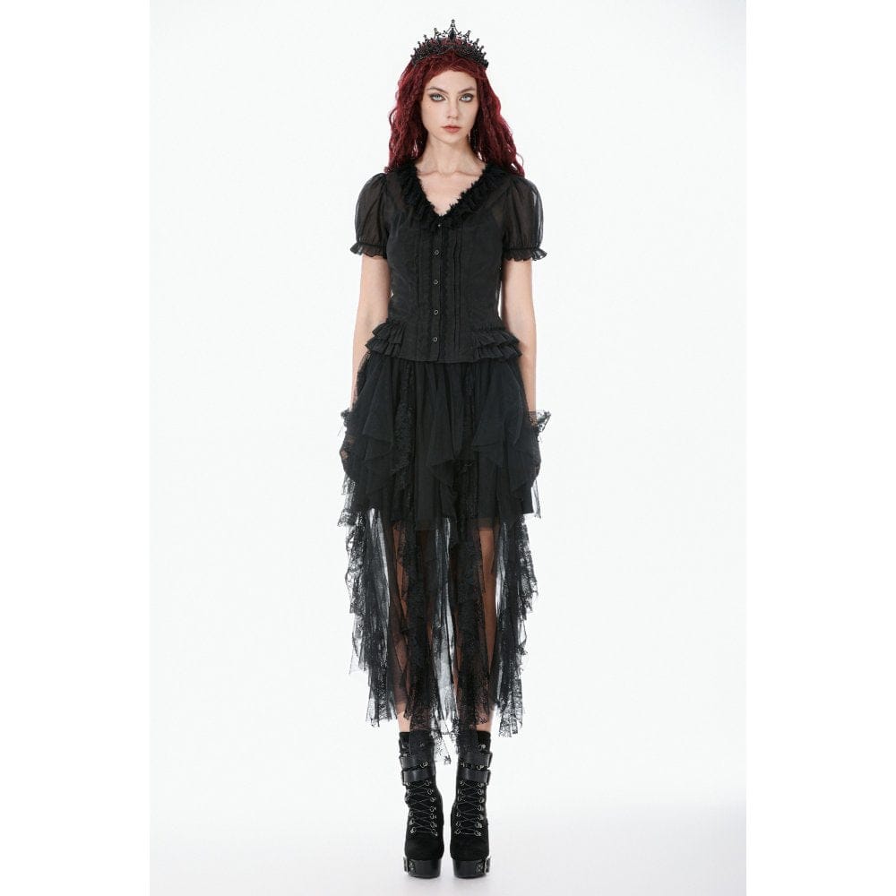 Darkinlove Women's Gothic Sheer Layered Ruffled Puff Short Sleeved Shirt