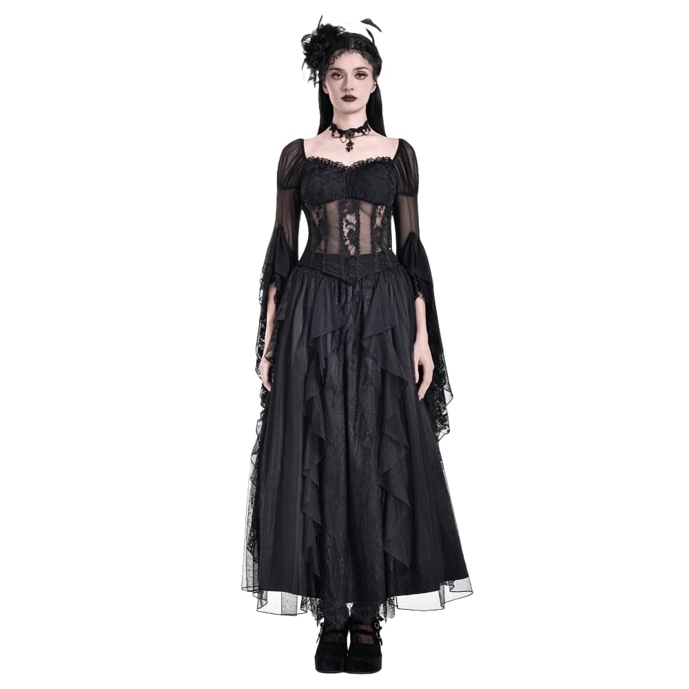 Darkinlove Women's Gothic Sheer Rose Lace Splice Ruffle Flare Sleeve Top