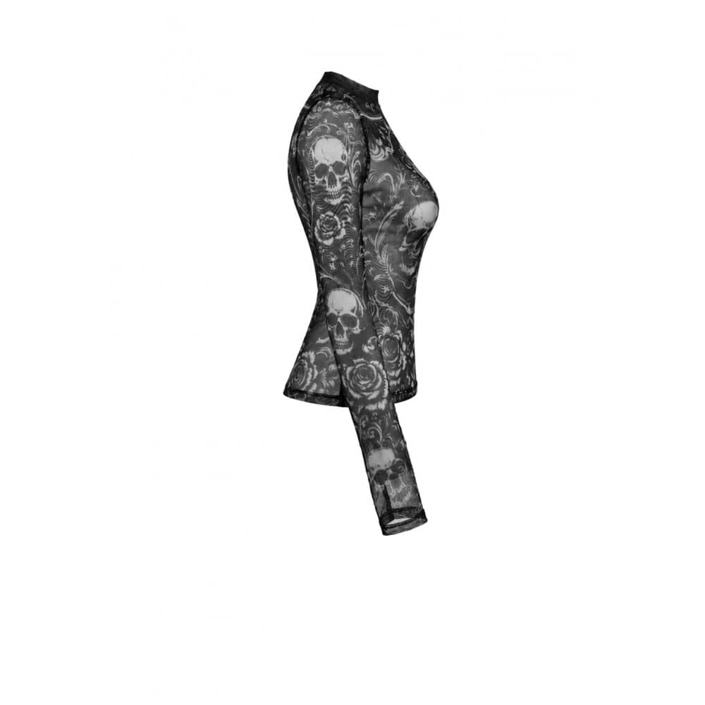 Darkinlove Women's Gothic Skull Floral Printed Mesh Sheer Long Sleeve Top