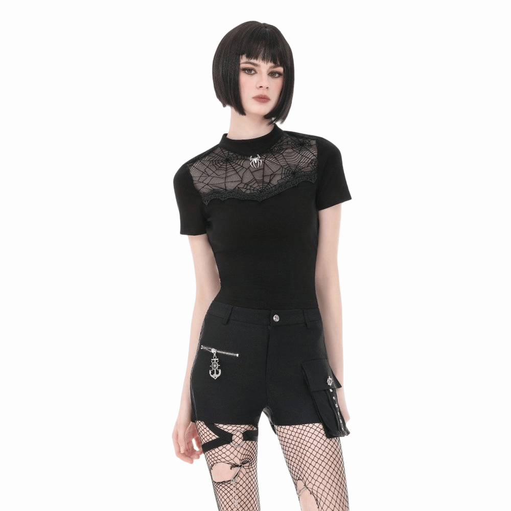 Darkinlove Women's Gothic Spider Cobweb Short Sleeve Top