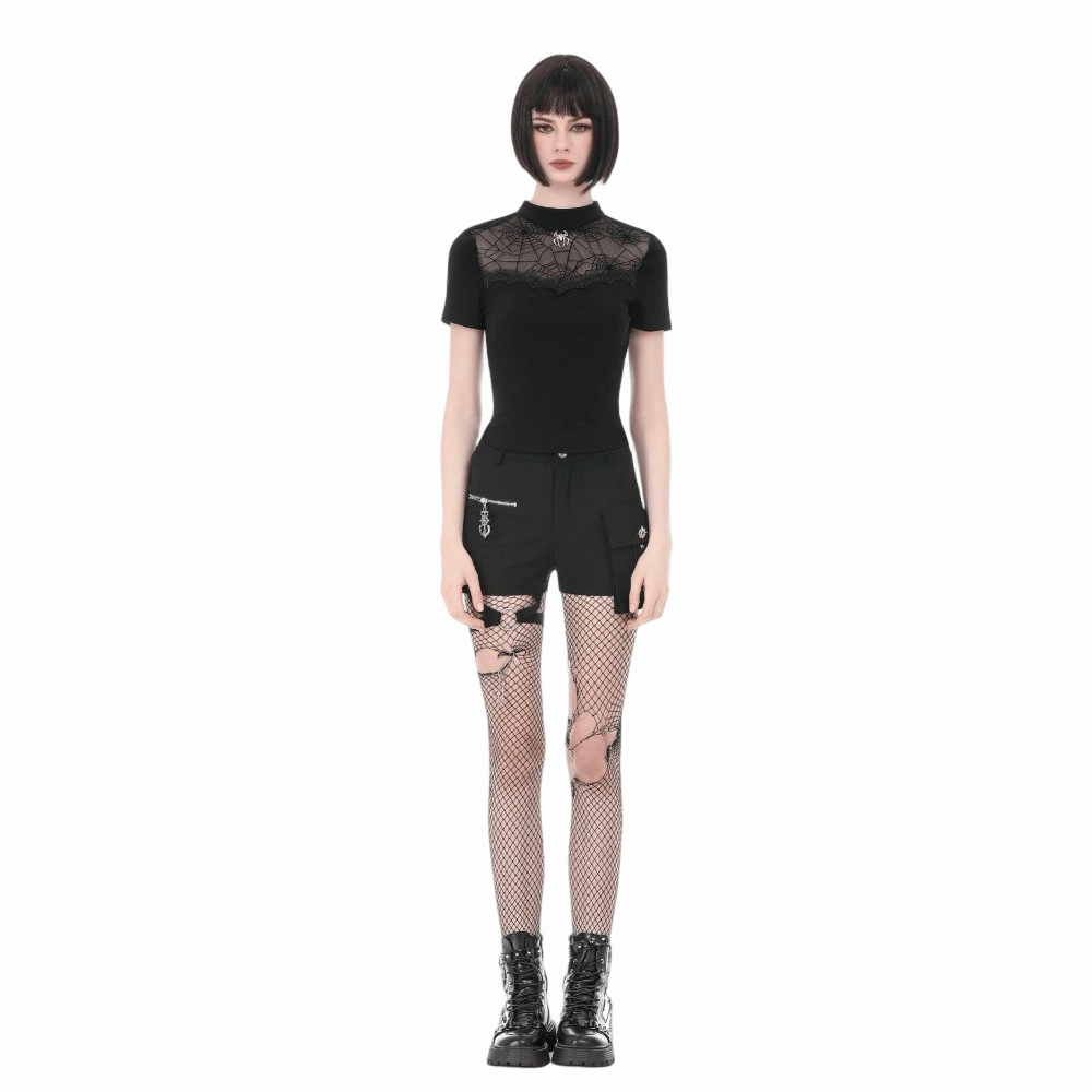 Darkinlove Women's Gothic Spider Cobweb Short Sleeve Top