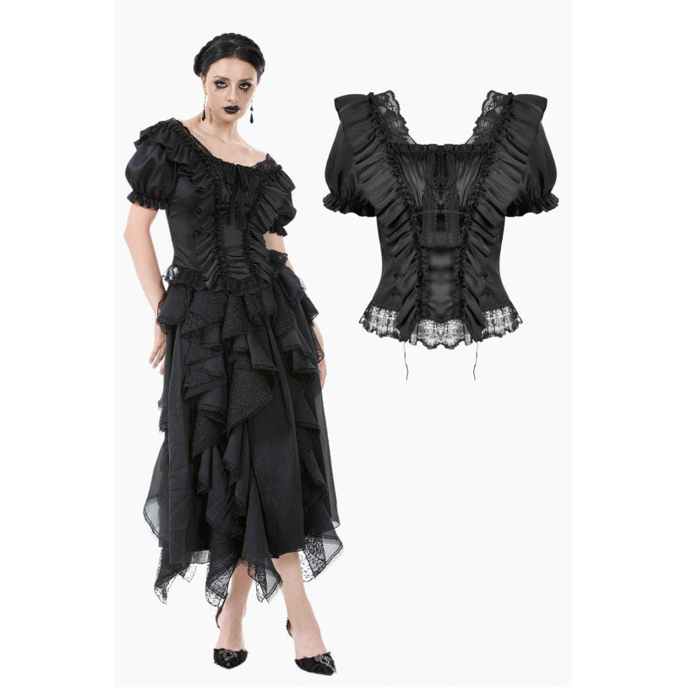 Darkinlove Women's Gothic Square Collar Ruffles Lace Top