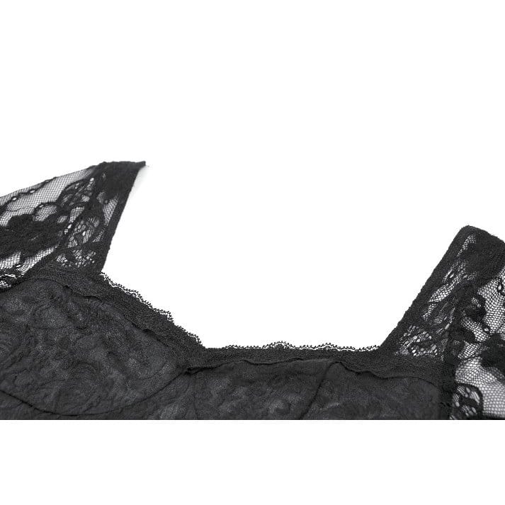 Darkinlove Women's Gothic Square-cut Collar Floral Lace Bell Sleeve Top