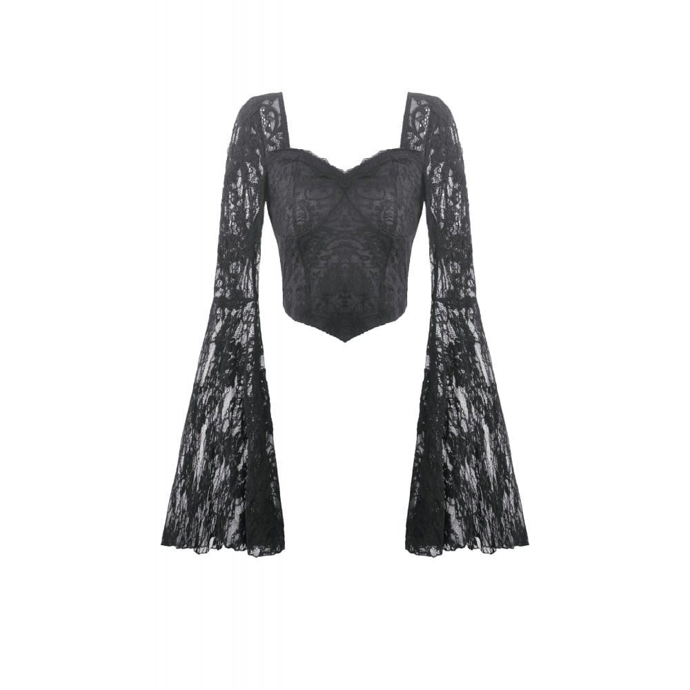 Darkinlove Women's Gothic Square-cut Collar Floral Lace Bell Sleeve Top