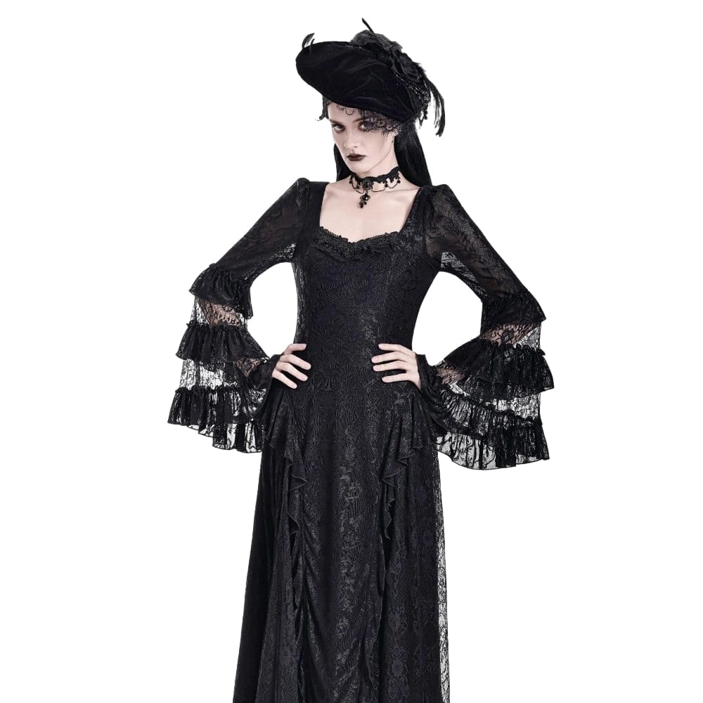 Darkinlove Women's Gothic Square Neck Jacquard Tiered Bell Sleeve Lace Mesh Maxi Dress
