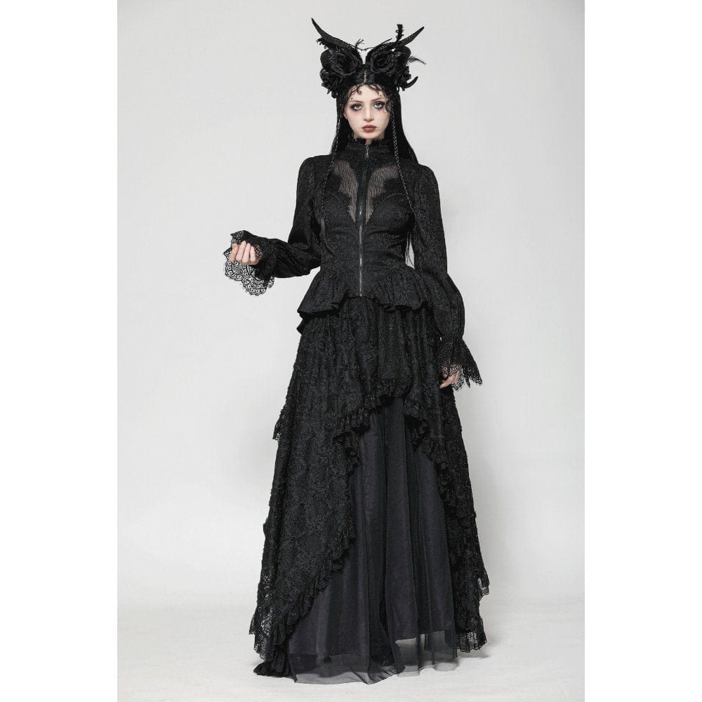 Darkinlove Women's Gothic Stand Collar Lace-up High/Low Coat