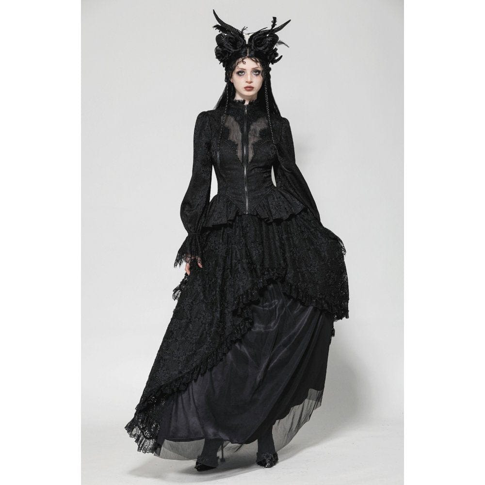 Darkinlove Women's Gothic Stand Collar Lace-up High/Low Coat