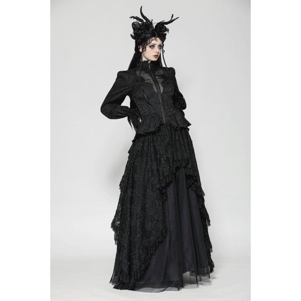 Darkinlove Women's Gothic Stand Collar Lace-up High/Low Coat