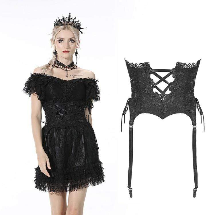 Darkinlove Women's Gothic Strappy Floral Embroidered Black Corset