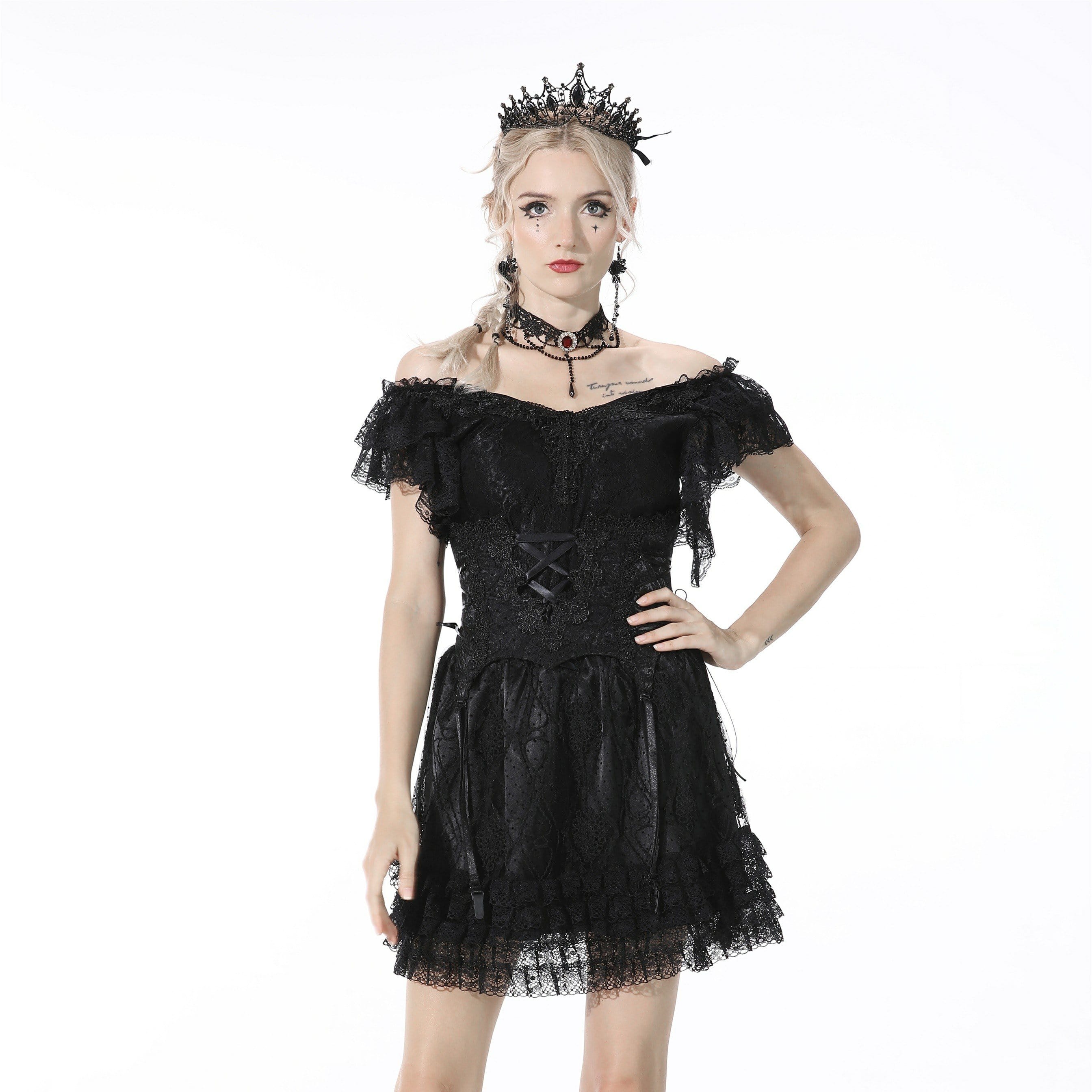 Darkinlove Women's Gothic Strappy Floral Embroidered Black Corset