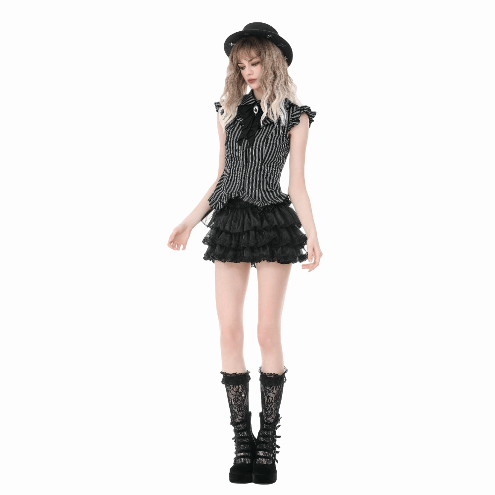 Darkinlove Women's Gothic Striped Turn-down Collar Shirt with Detachable Tie