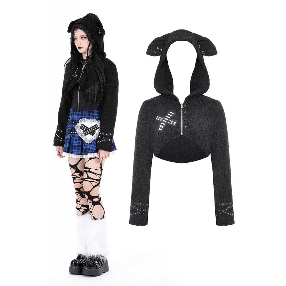 Darkinlove Women's Gothic Studded Sherpa Jacket with Hood