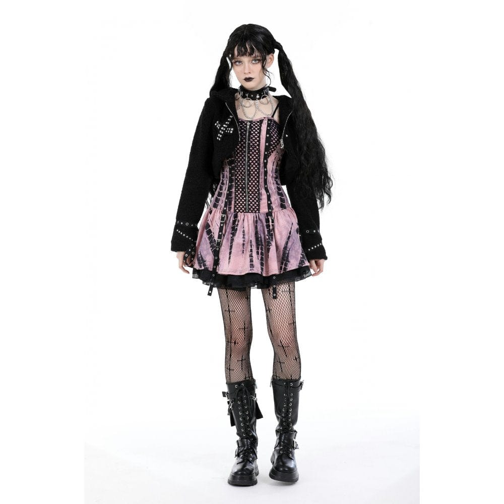 Darkinlove Women's Gothic Studded Sherpa Jacket with Hood