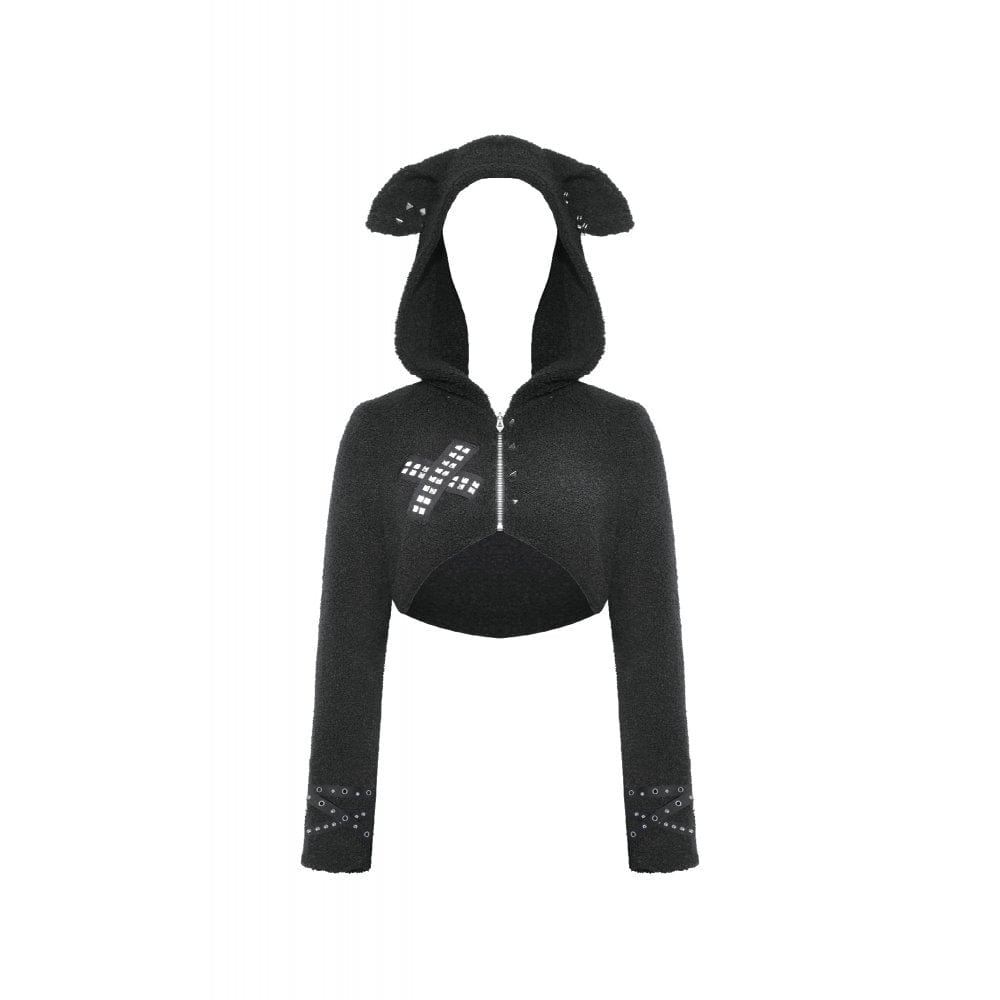 Darkinlove Women's Gothic Studded Sherpa Jacket with Hood