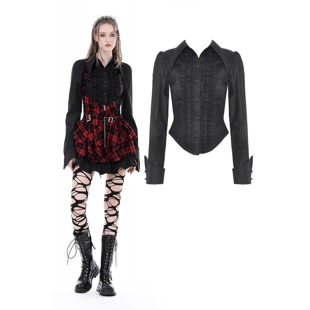 Darkinlove Women's Gothic Turn-down Collar Ruffled Shirt Black
