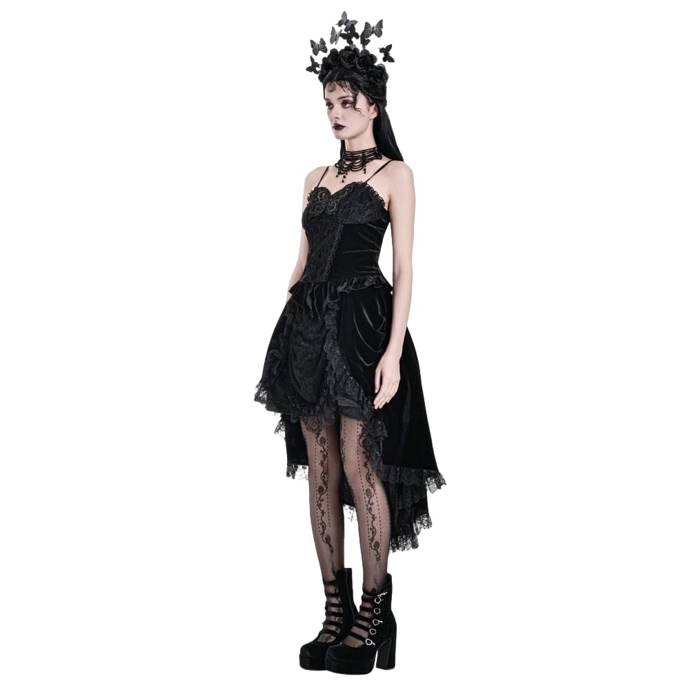 Darkinlove Women's Gothic Velvet Lace-up Ruffle High-Low Skirt