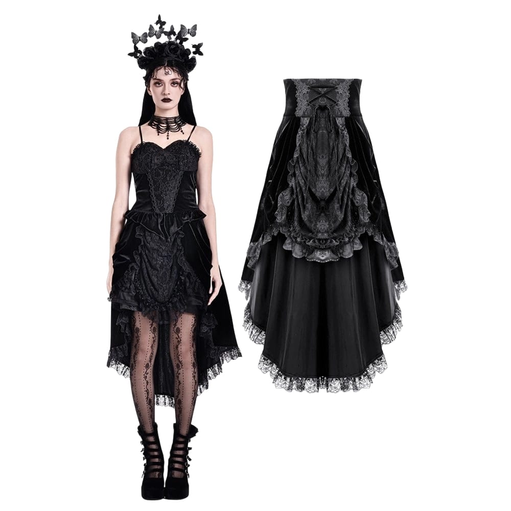 Darkinlove Women's Gothic Velvet Lace-up Ruffle High-Low Skirt