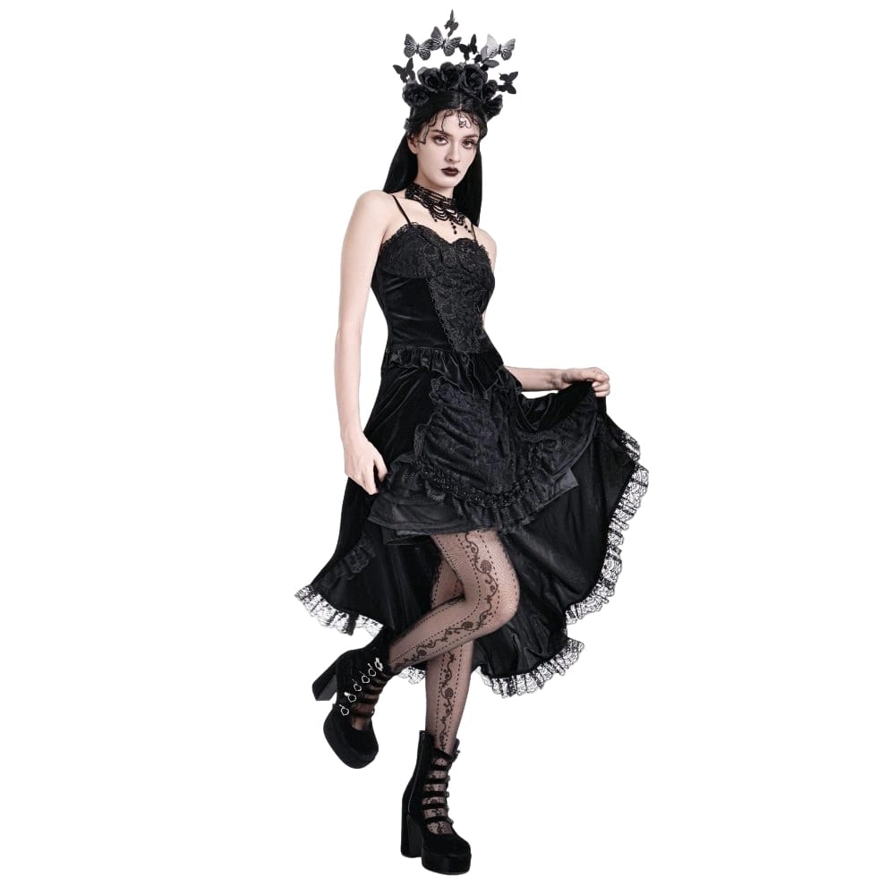 Darkinlove Women's Gothic Velvet Lace-up Ruffle High-Low Skirt