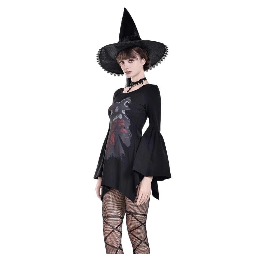 Darkinlove Women's Gothic Witch Print Irregular Hem Flare Sleeve Short Dress