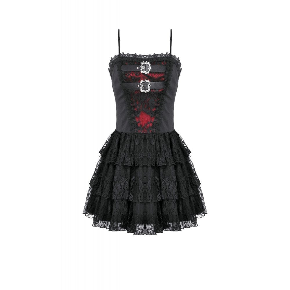 Darkinlove Women's Grunge Contrast Color Lace Tiered Slip Dress