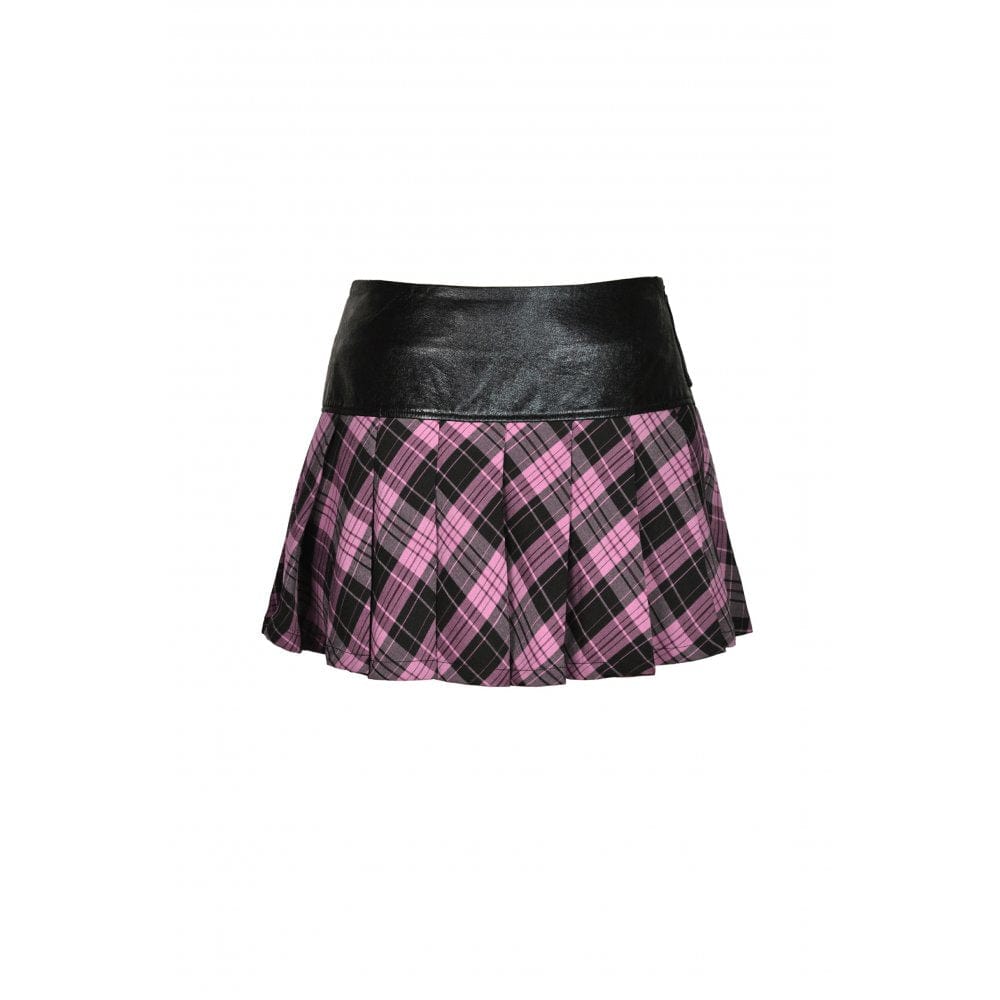 Darkinlove Women's Grunge Faux Leather Splice Plaid Pleated Shirt