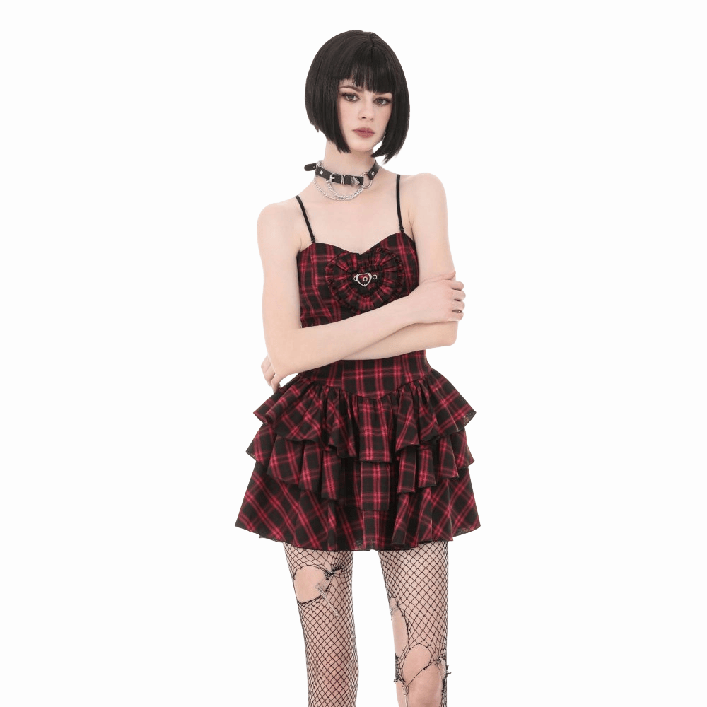 Darkinlove Women's Grunge Layered Plaid Slip Dress