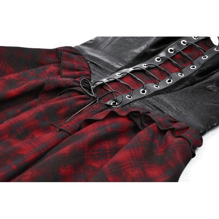 Darkinlove Women's Grunge Red Plaid Irregular Hem Faux Leather Slip Dress