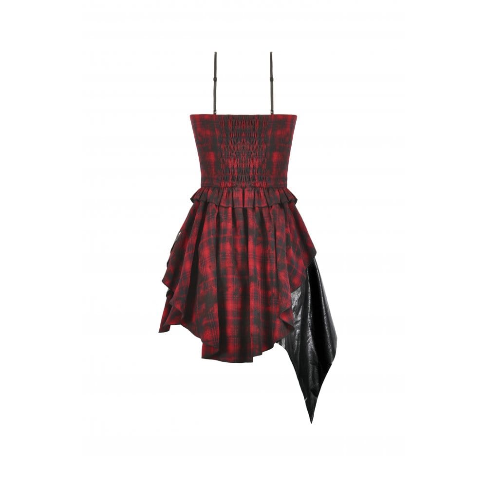 Darkinlove Women's Grunge Red Plaid Irregular Hem Faux Leather Slip Dress