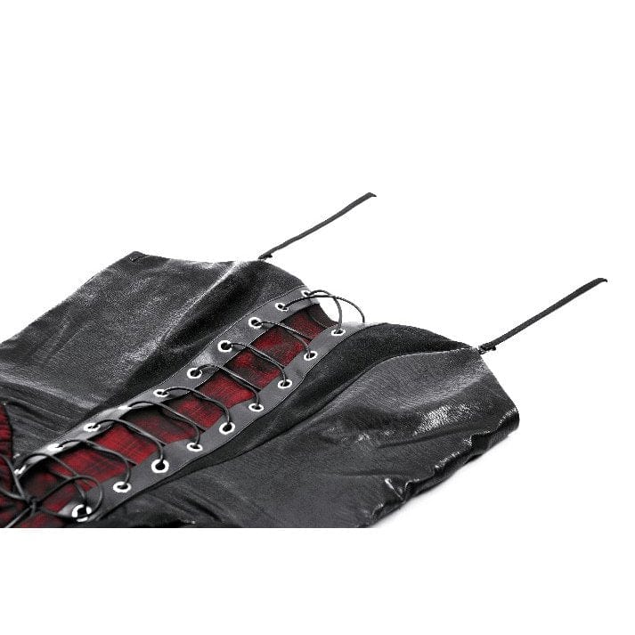 Darkinlove Women's Grunge Red Plaid Irregular Hem Faux Leather Slip Dress