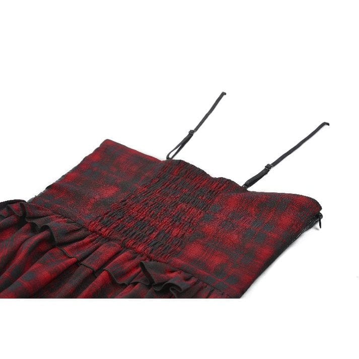 Darkinlove Women's Grunge Red Plaid Irregular Hem Faux Leather Slip Dress
