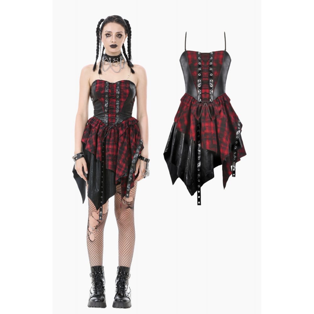 Darkinlove Women's Grunge Red Plaid Irregular Hem Faux Leather Slip Dress