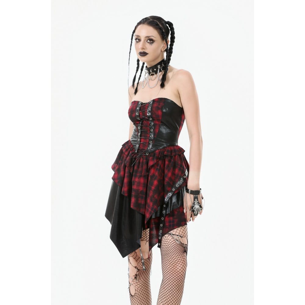 Darkinlove Women's Grunge Red Plaid Irregular Hem Faux Leather Slip Dress