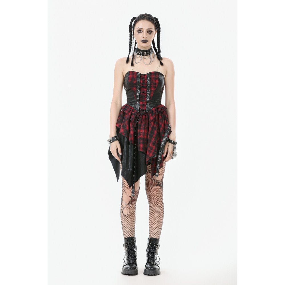 Darkinlove Women's Grunge Red Plaid Irregular Hem Faux Leather Slip Dress