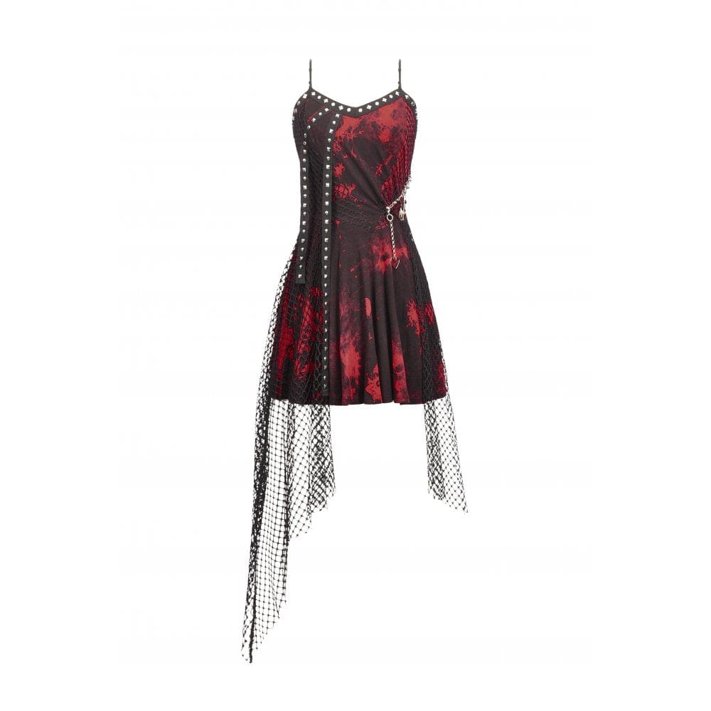 Darkinlove Women's Grunge Red Tie-dye Slip Dress with Mesh Hem