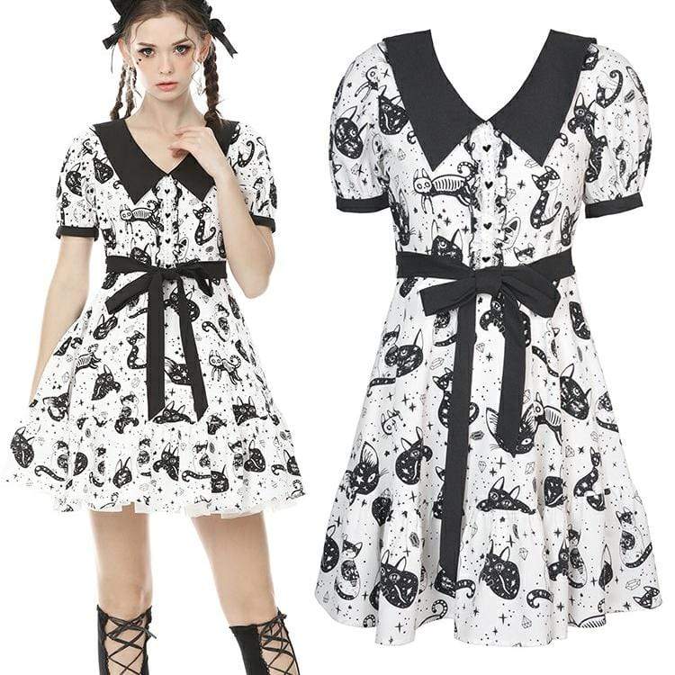 Darkinlove Women's Lolita Cat Printed Peter Pan Collar Short Dresses with Belt