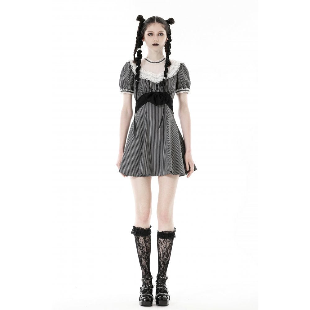 Darkinlove Women's Lolita Lace Collar Striped Dress