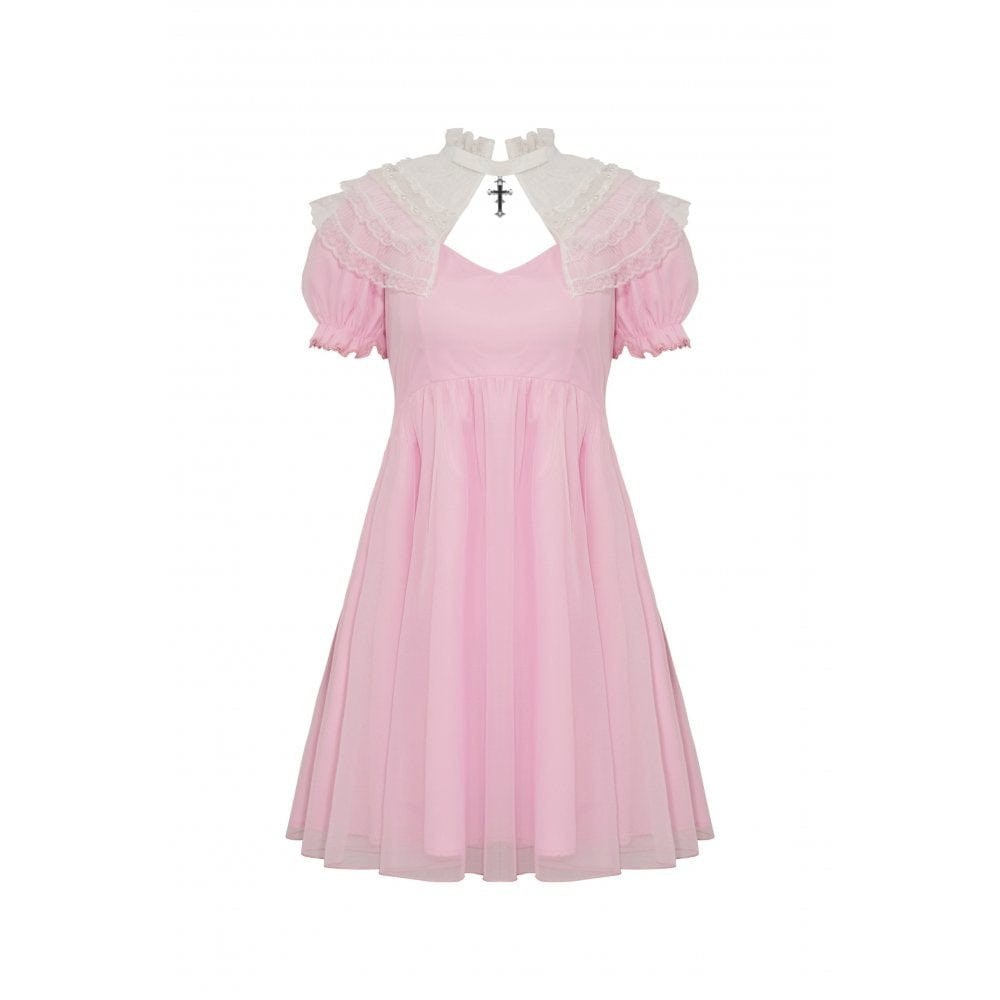 Darkinlove Women's Lolita Puff Sleeved Dress with Detachable Collar